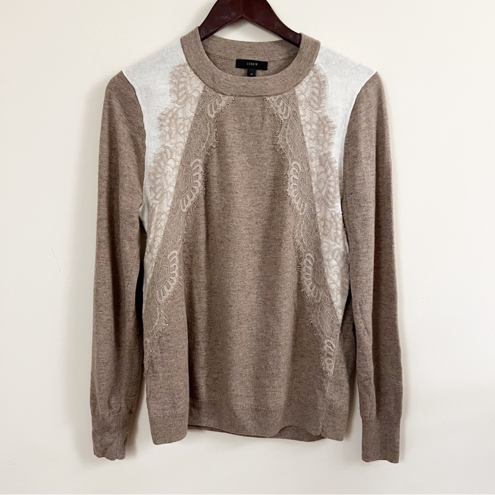 J. Crew Brown/Tan Color-block Crewneck Sweater with Lace Panels M